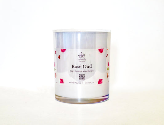 Candle with 'Rose Oud' label on a white background