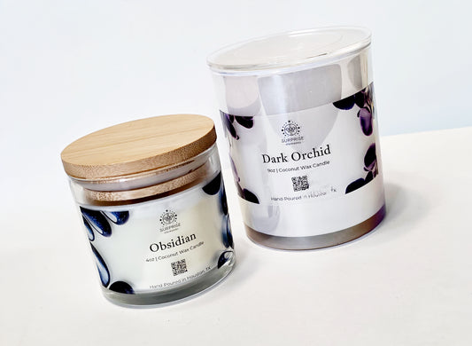 Obsidian clear jar bamboo lid 4oz coconut wax candle hand-poured in Houston Texas and Dark Orchid pearl white 9oz coconut wax candle hand-poured in Houston Texas