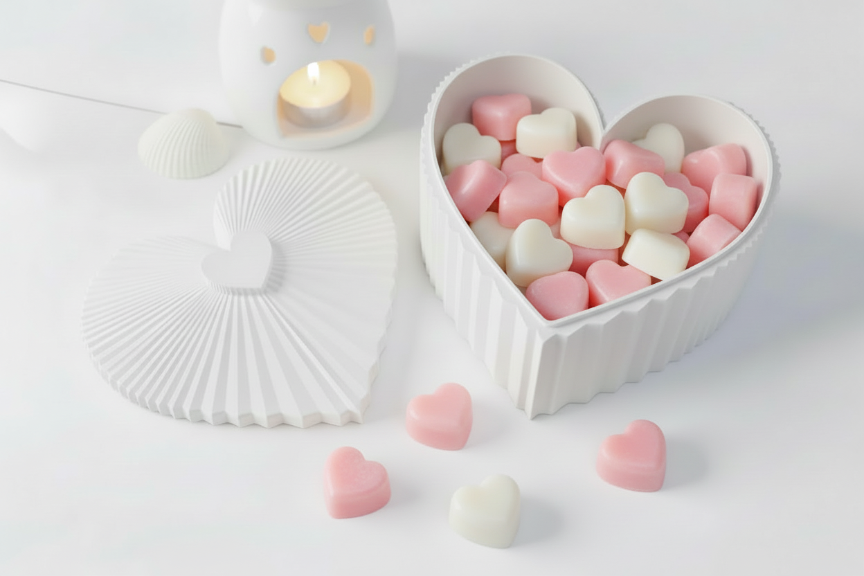 Pink Crystal Mini Heart Wax Melts in white heart container - pink and white