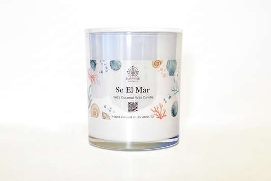 Se El Mar Candle Label 9oz coconut wax candle hand-poured in houston texas on the label