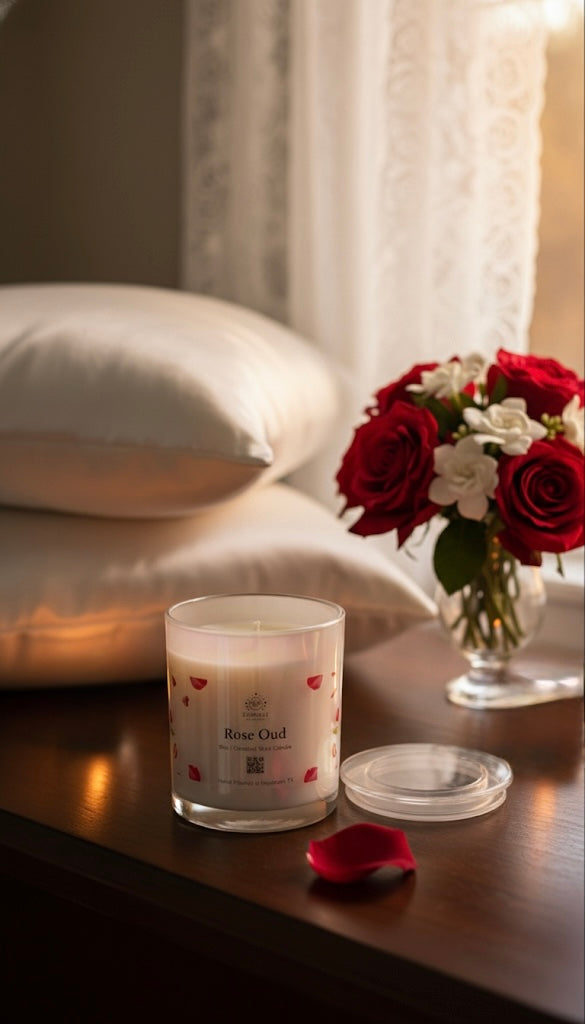 Luxury coconut wax candles styled on a home surface with decorative elements, demonstrating professional candle placement and interior design principles