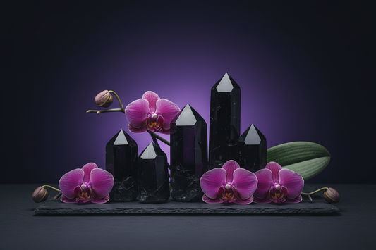 Black obsidian crystals with deep purple orchid tones representing spiritual protection and grounding energy