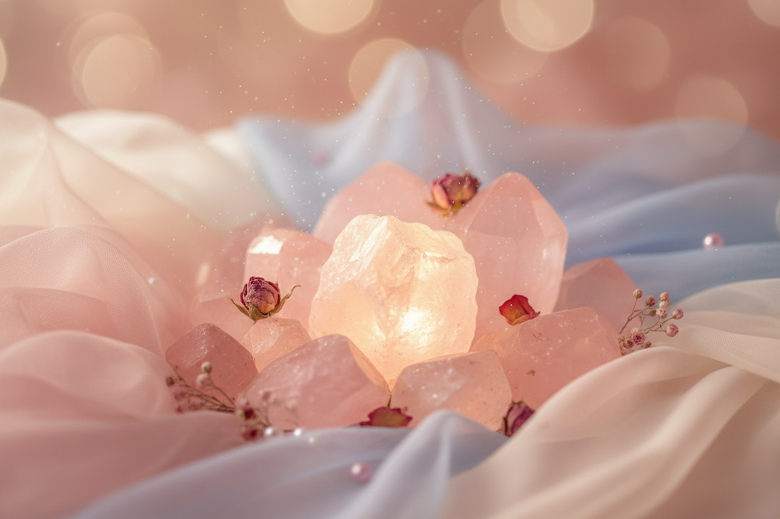 Pink rose quartz crystals with soft pastel tones creating gentle loving energy for mindfulness and self-care