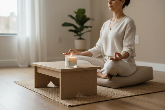 Minimalist meditation space with neutral cushion and plants representing clarity and discipline for mindfulness practice