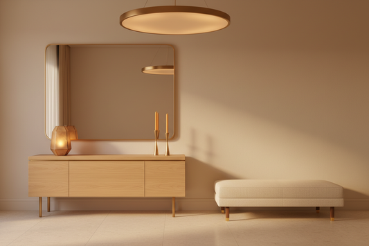 Minimal luxury scene with gold accents and warm amber lighting symbolizing wealth and abundance manifestation