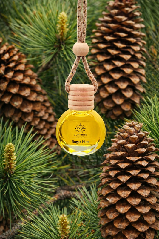 car fragrance Yellow liquid clear bottle of Sugar Pine hanging from a rope with pine cones and branches in the background and surprise elements logo on the bottle.