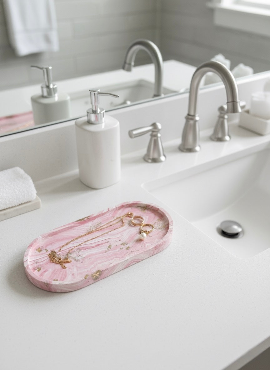 Pink marble jewelry tray on a bathroom counter with sink and mirror in the background