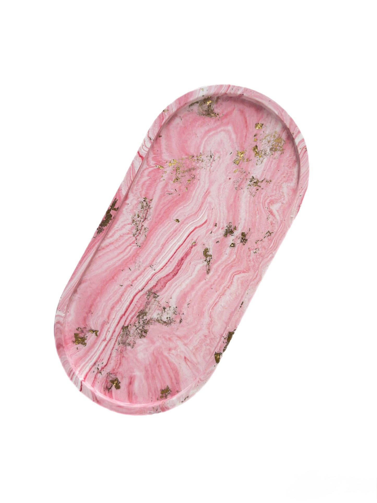 Pink marbled tray with gold flaks on a white background