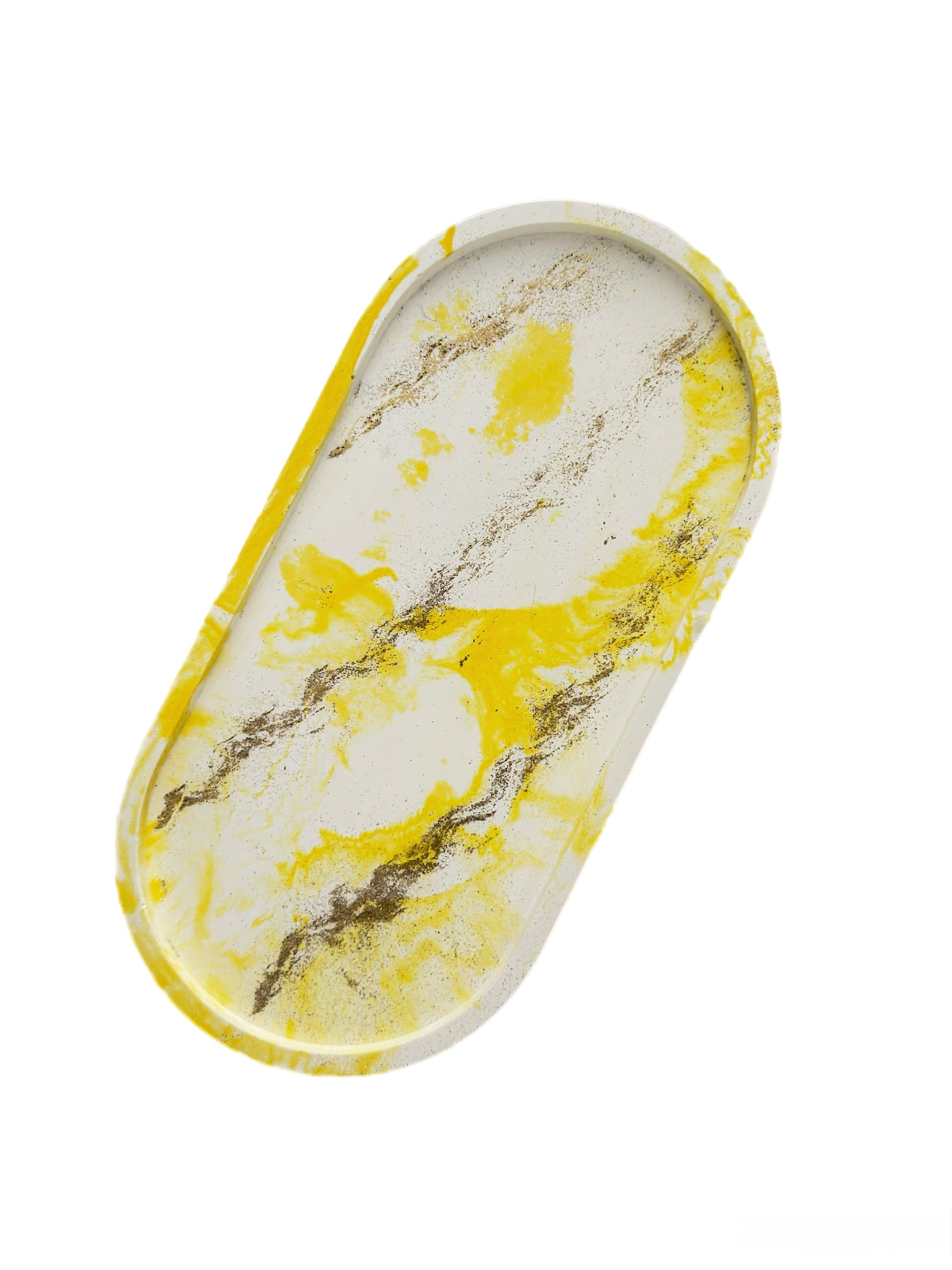 Gold design yellow Marble-patterned oval dish  a white background