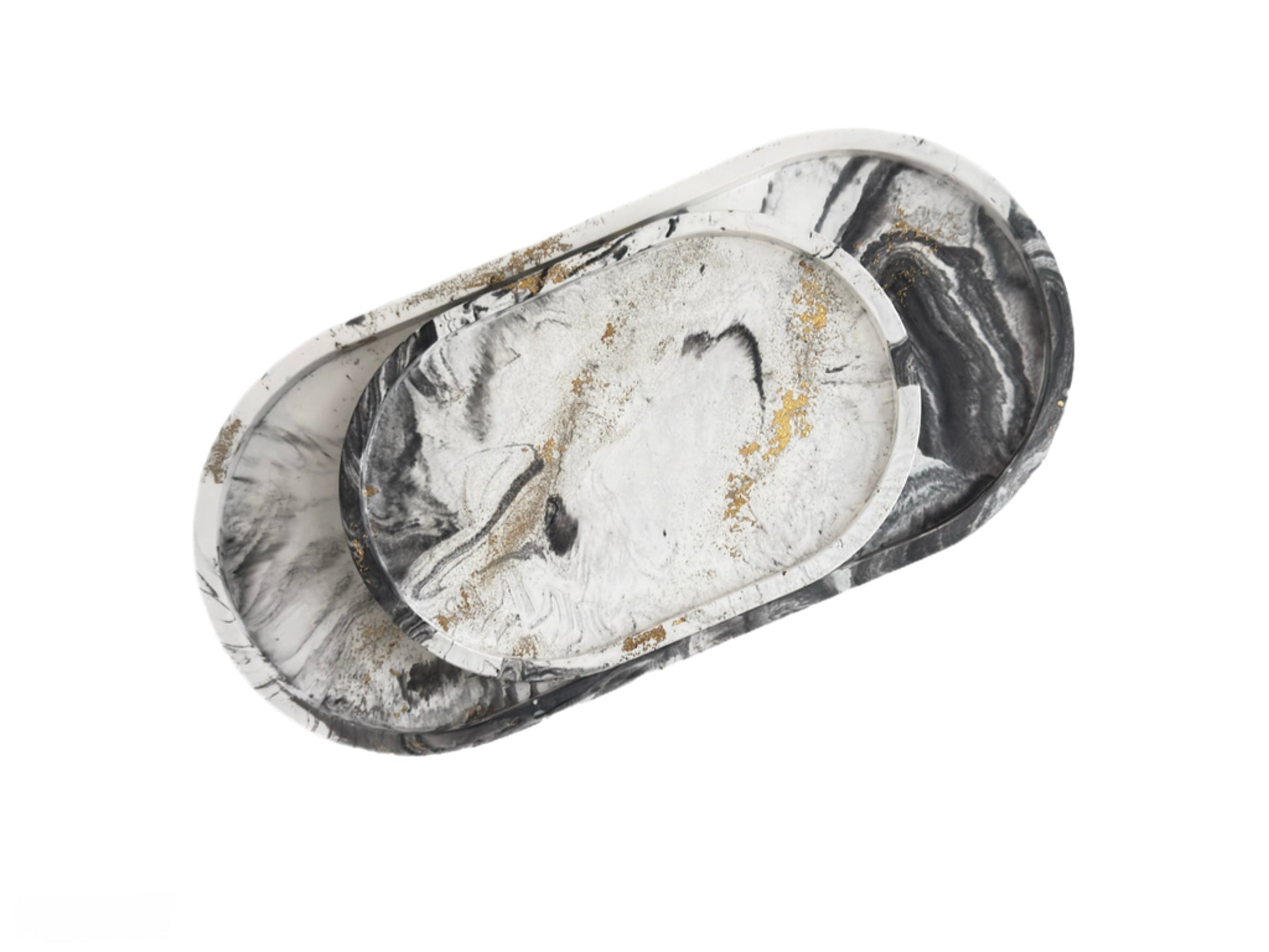 black Marble-patterned gold flaks oval dish on a white background