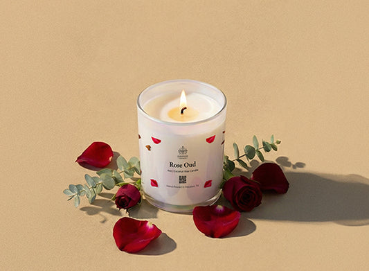 Rose Oud candle with floral design on a beige background 9oz jar coconut wax candle hand-poured in Houston Texas 