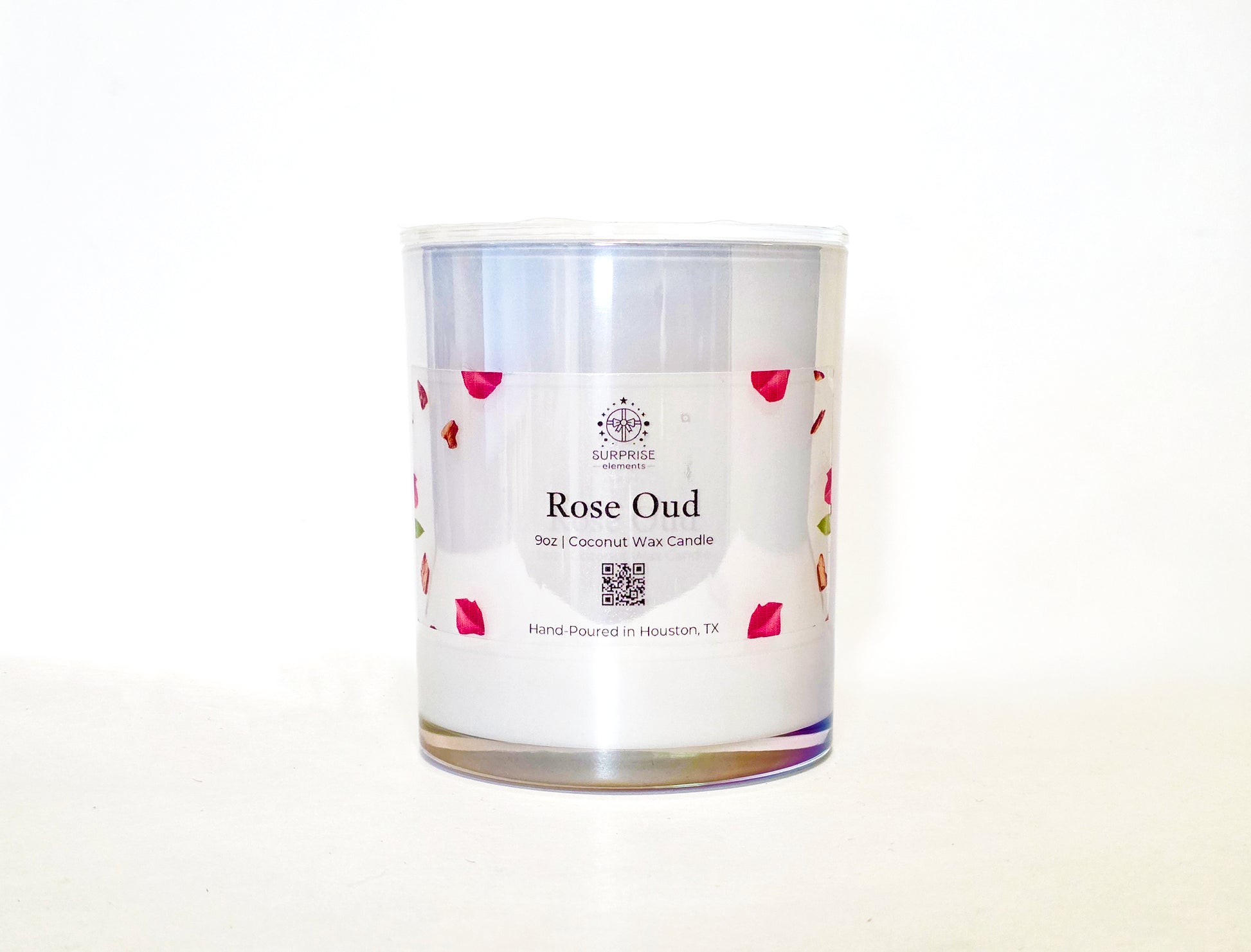 Candle with 'Rose Oud' label on a white background