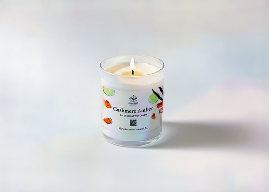 Candle in a glass jar with a label on a white background