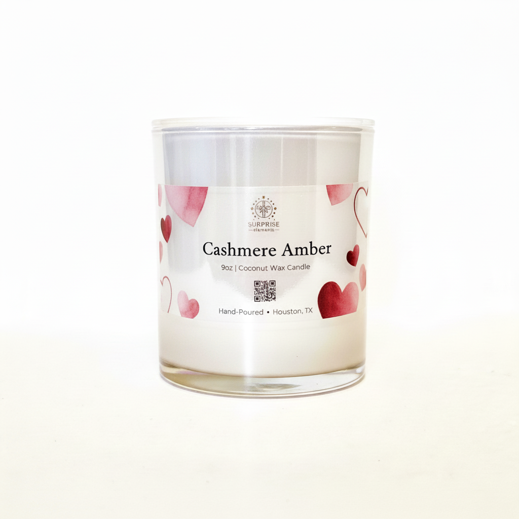 Cashmere Amber label with black text