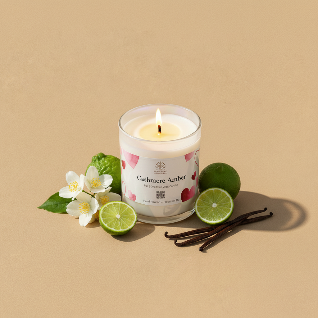 Cashmere Amber pearl white jar 9oz coconut wax candle hand-poured in Houston Texas 