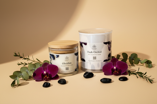 Bundle of 2 Obsidian clear jar bamboo lid 4oz coconut wax candle hand-poured in Houston Texas and Dark Orchid pearl white 9oz coconut wax candle hand-poured in Houston Texas 